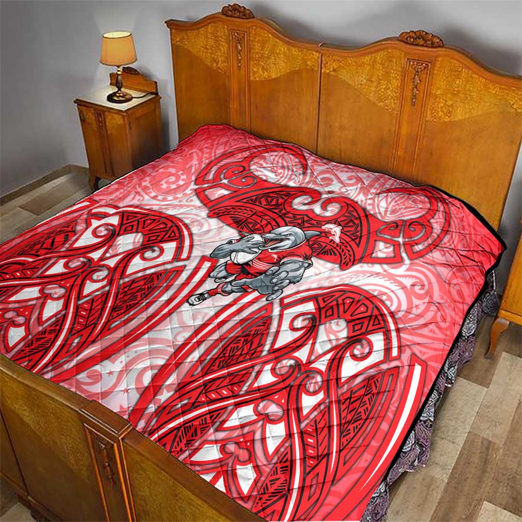 Dolphins Rugby Quilt Polynesian Tribal Dolphin Warrior Red White Pattern
