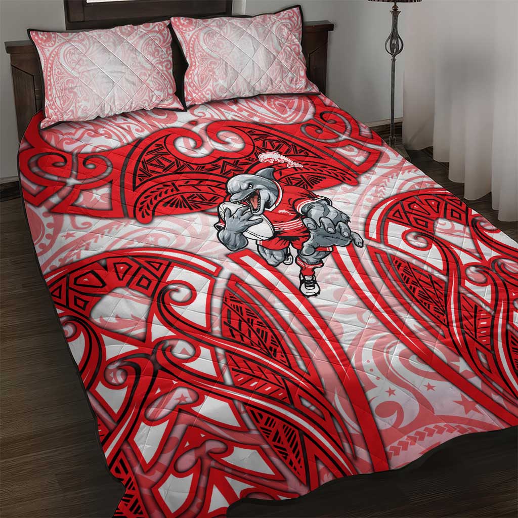 Dolphins Rugby Quilt Bed Set Polynesian Tribal Dolphin Warrior Red White Pattern