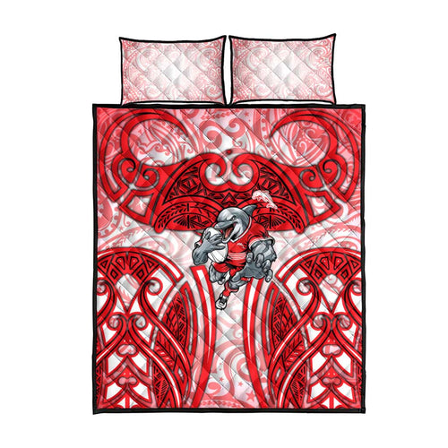 Dolphins Rugby Quilt Bed Set Polynesian Tribal Dolphin Warrior Red White Pattern