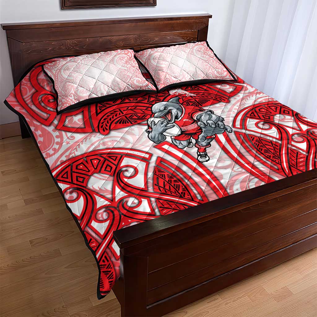 Dolphins Rugby Quilt Bed Set Polynesian Tribal Dolphin Warrior Red White Pattern