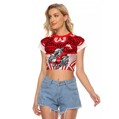 Dolphins Rugby Raglan Cropped T Shirt Polynesian Tribal Dolphin Warrior Red White Pattern