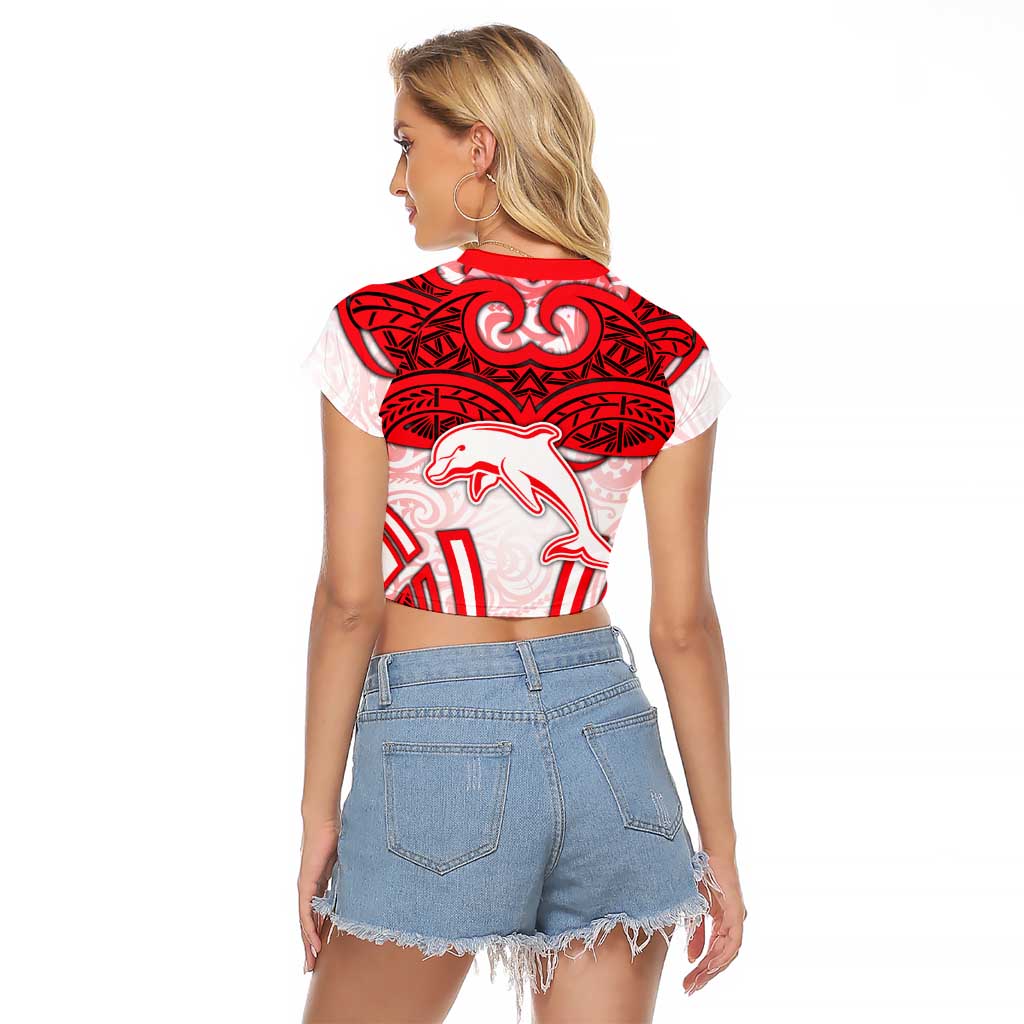 Dolphins Rugby Raglan Cropped T Shirt Polynesian Tribal Dolphin Warrior Red White Pattern