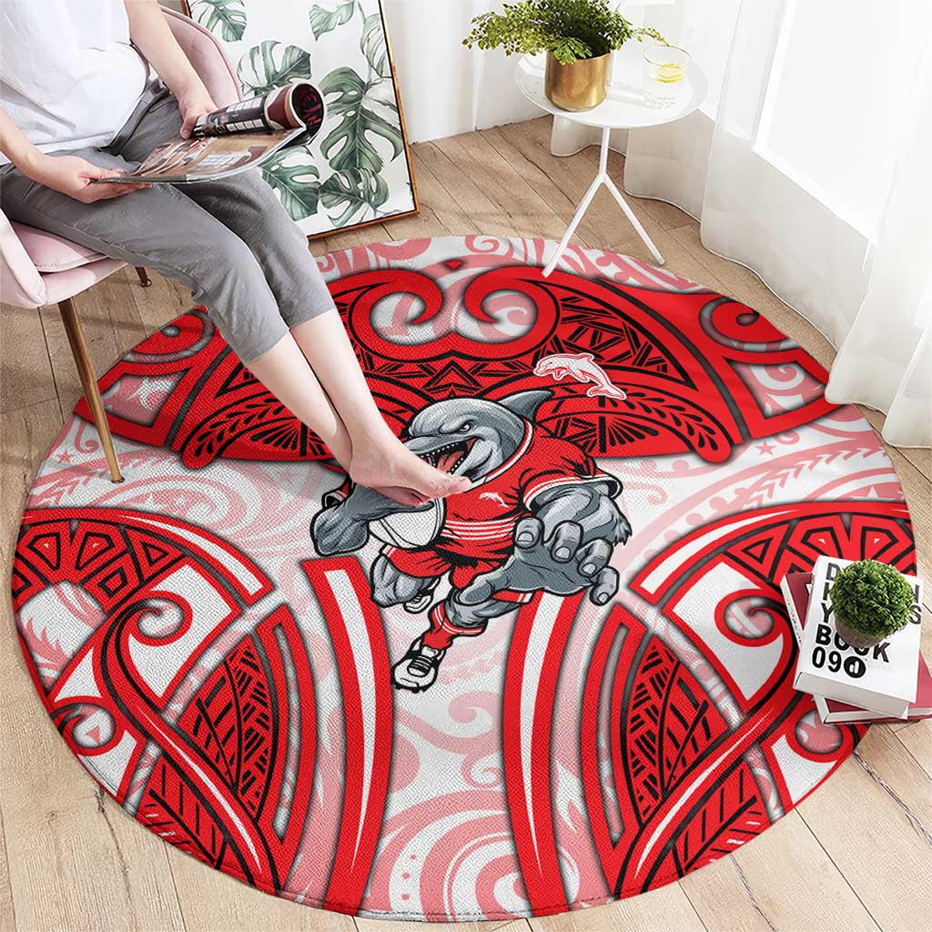 Dolphins Rugby Round Carpet Polynesian Tribal Dolphin Warrior Red White Pattern