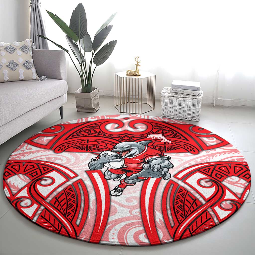 Dolphins Rugby Round Carpet Polynesian Tribal Dolphin Warrior Red White Pattern
