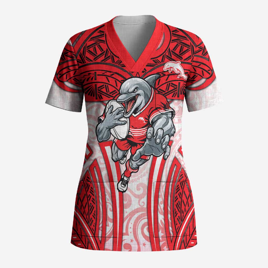 Dolphins Rugby Scrub Top Polynesian Tribal Dolphin Warrior Red White Pattern