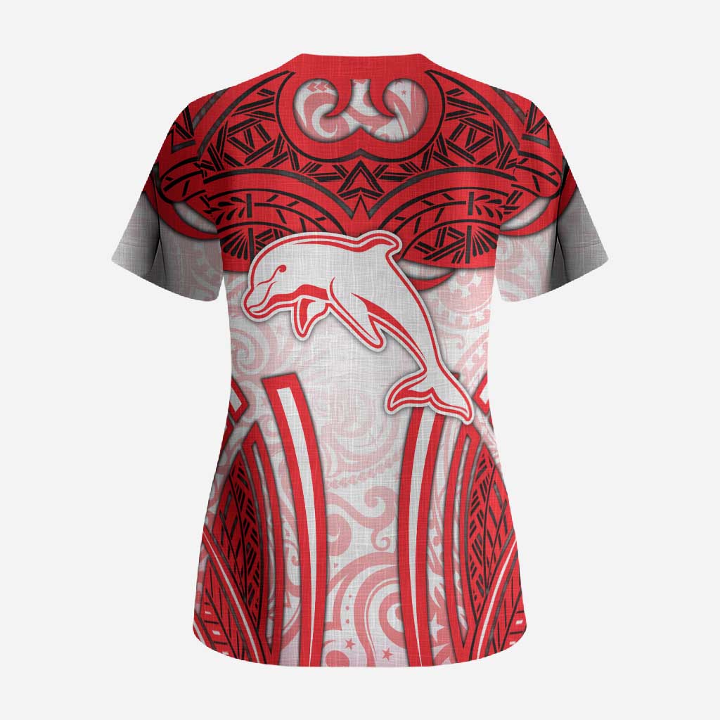Dolphins Rugby Scrub Top Polynesian Tribal Dolphin Warrior Red White Pattern