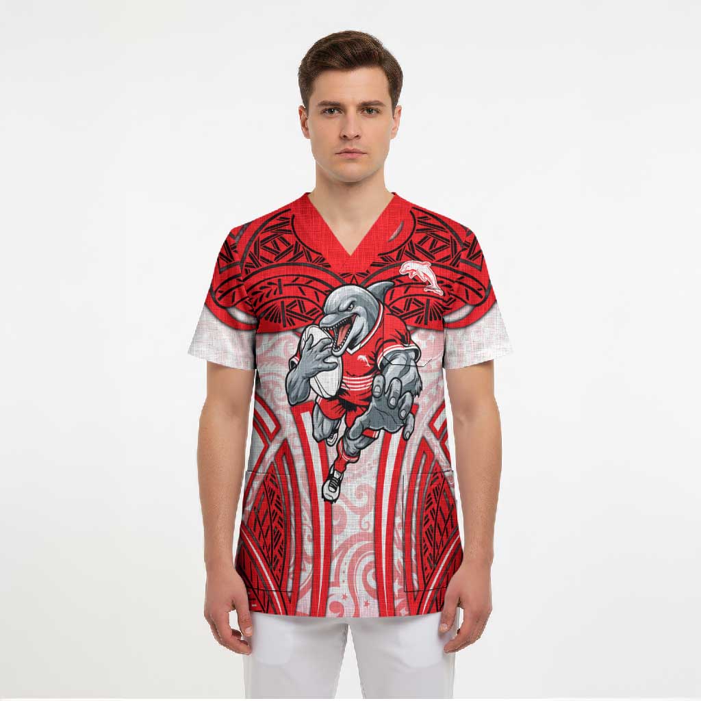 Dolphins Rugby Scrub Top Polynesian Tribal Dolphin Warrior Red White Pattern