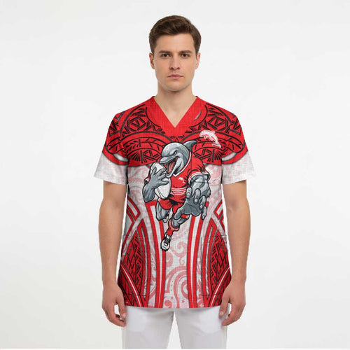 Dolphins Rugby Scrub Top Polynesian Tribal Dolphin Warrior Red White Pattern