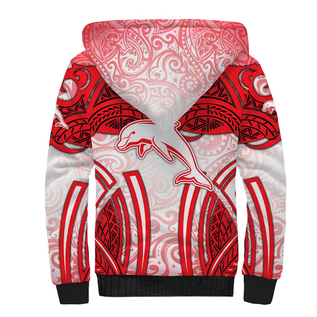 Dolphins Rugby Sherpa Hoodie Polynesian Tribal Dolphin Warrior Red White Pattern