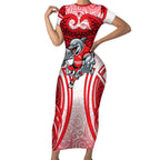 Dolphins Rugby Short Sleeve Bodycon Dress Polynesian Tribal Dolphin Warrior Red White Pattern