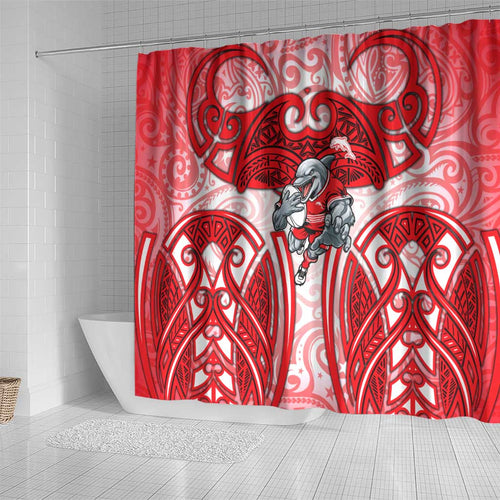 Dolphins Rugby Shower Curtain Polynesian Tribal Dolphin Warrior Red White Pattern