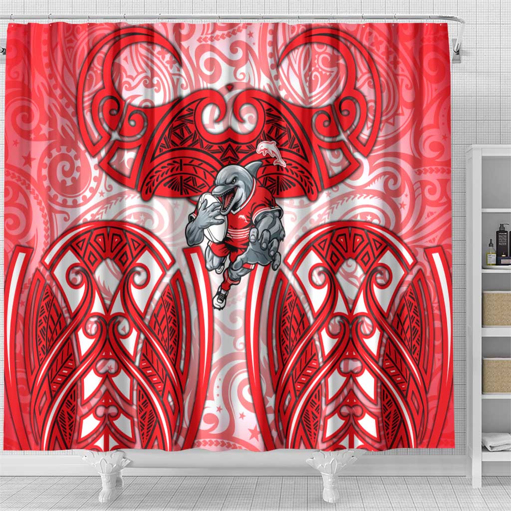 Dolphins Rugby Shower Curtain Polynesian Tribal Dolphin Warrior Red White Pattern