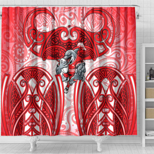 Dolphins Rugby Shower Curtain Polynesian Tribal Dolphin Warrior Red White Pattern