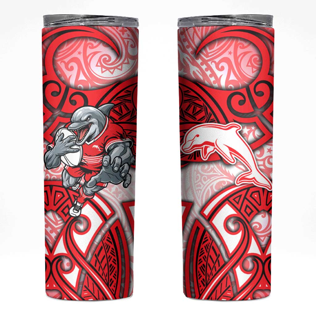 Dolphins Rugby Skinny Tumbler Polynesian Tribal Dolphin Warrior Red White Pattern