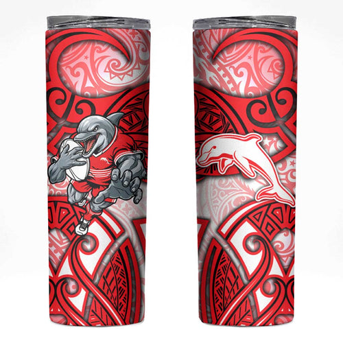 Dolphins Rugby Skinny Tumbler Polynesian Tribal Dolphin Warrior Red White Pattern