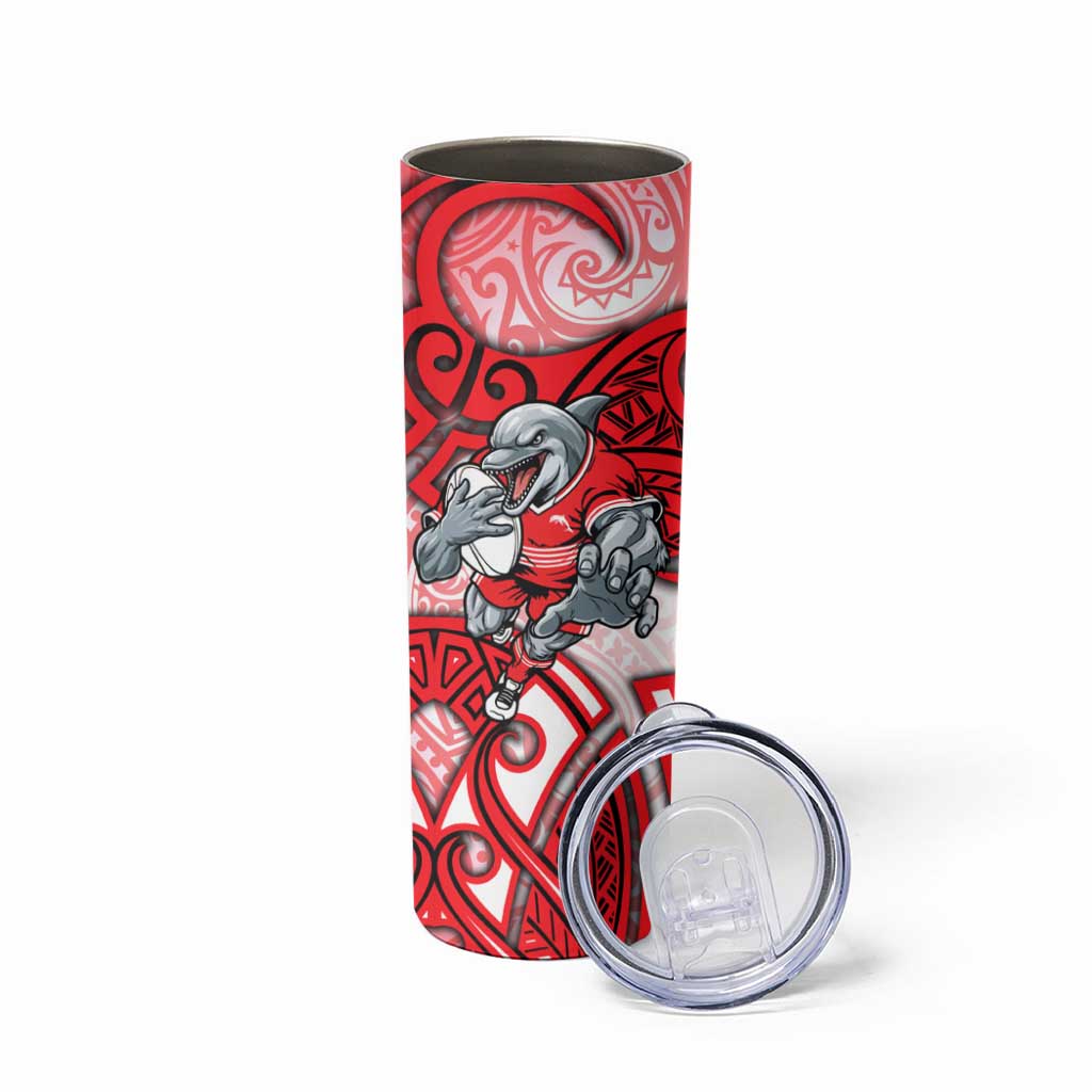 Dolphins Rugby Skinny Tumbler Polynesian Tribal Dolphin Warrior Red White Pattern