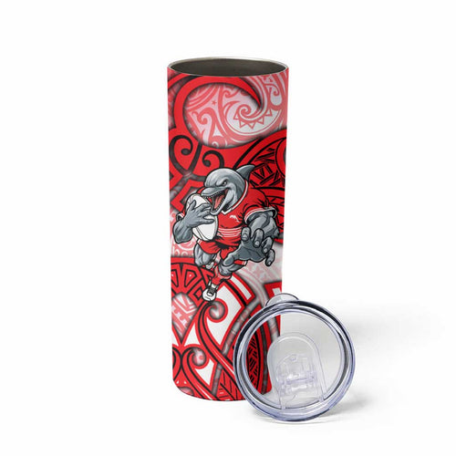Dolphins Rugby Skinny Tumbler Polynesian Tribal Dolphin Warrior Red White Pattern