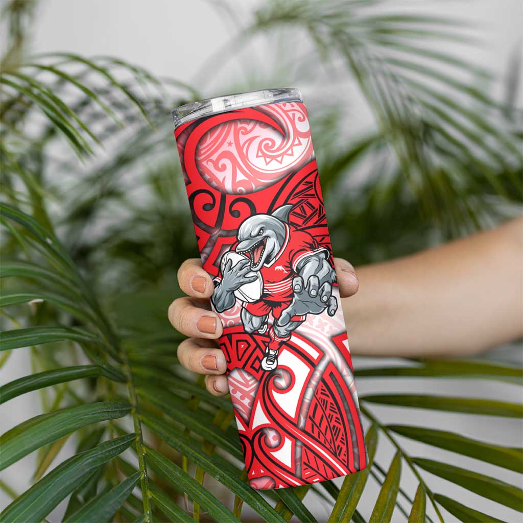 Dolphins Rugby Skinny Tumbler Polynesian Tribal Dolphin Warrior Red White Pattern