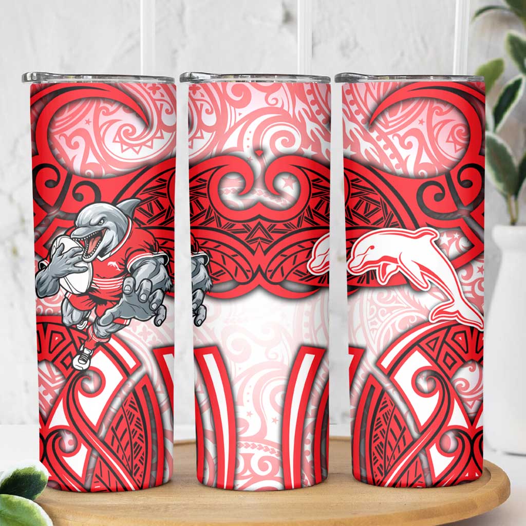 Dolphins Rugby Skinny Tumbler Polynesian Tribal Dolphin Warrior Red White Pattern