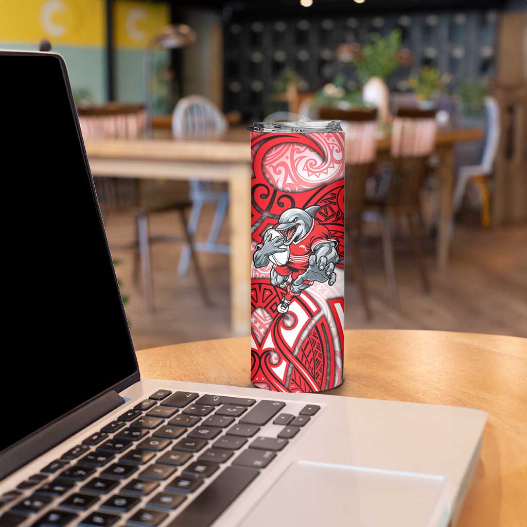 Dolphins Rugby Skinny Tumbler Polynesian Tribal Dolphin Warrior Red White Pattern