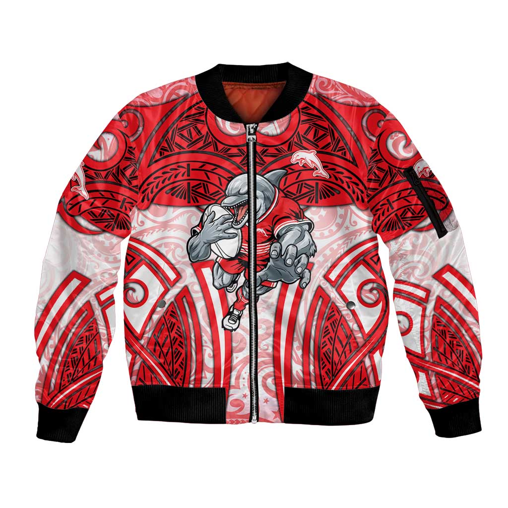 Dolphins Rugby Sleeve Zip Bomber Jacket Polynesian Tribal Dolphin Warrior Red White Pattern