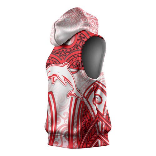Dolphins Rugby Sleeveless Hoodie Polynesian Tribal Dolphin Warrior Red White Pattern
