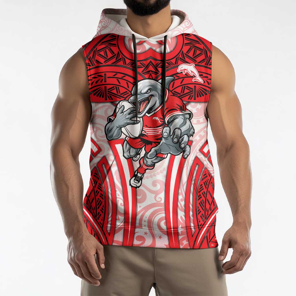 Dolphins Rugby Sleeveless Hoodie Polynesian Tribal Dolphin Warrior Red White Pattern