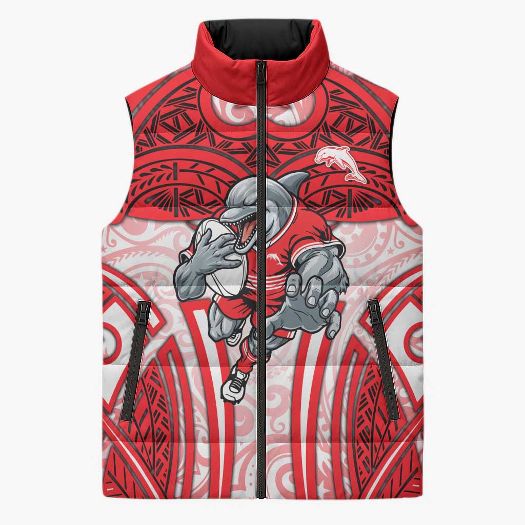 Dolphins Rugby Sleeveless Puffer Jacket Polynesian Tribal Dolphin Warrior Red White Pattern