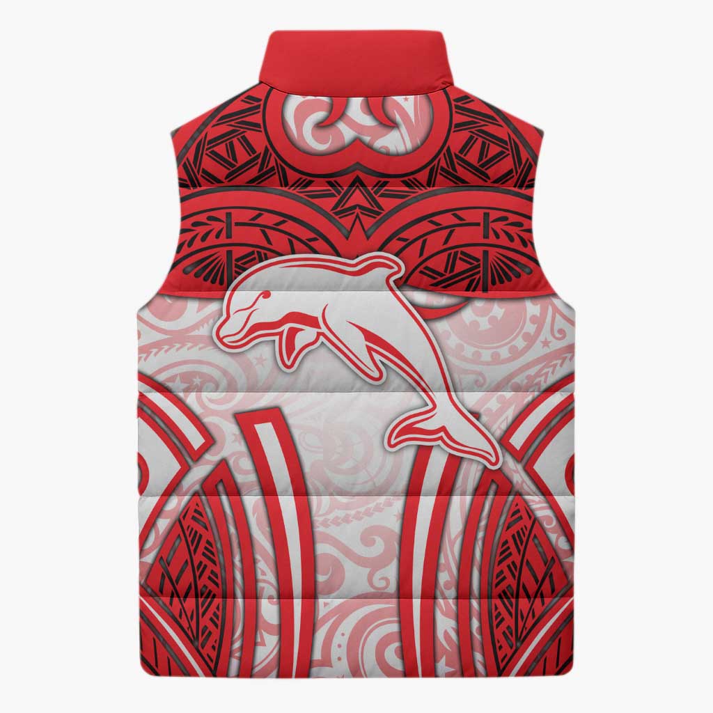 Dolphins Rugby Sleeveless Puffer Jacket Polynesian Tribal Dolphin Warrior Red White Pattern