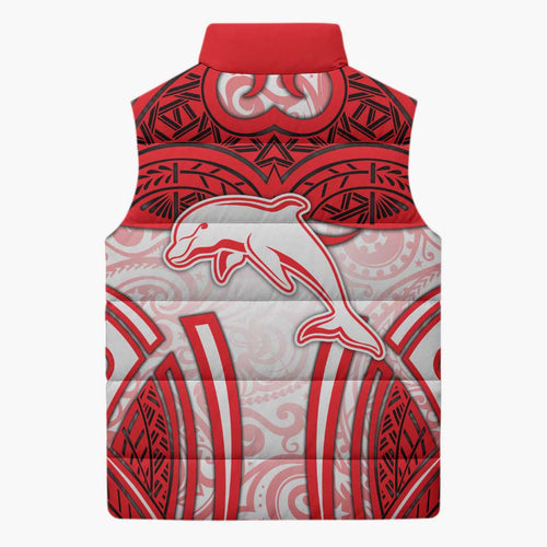 Dolphins Rugby Sleeveless Puffer Jacket Polynesian Tribal Dolphin Warrior Red White Pattern