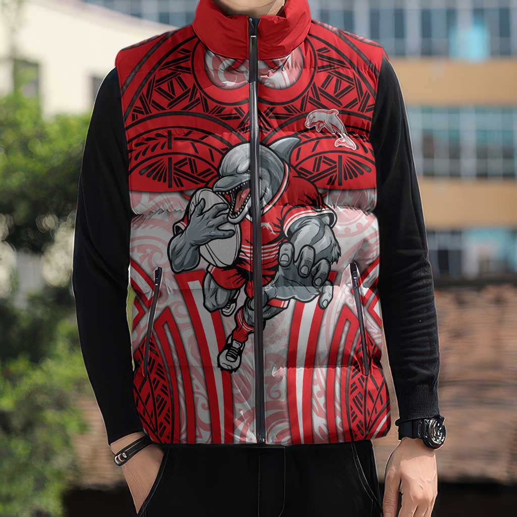Dolphins Rugby Sleeveless Puffer Jacket Polynesian Tribal Dolphin Warrior Red White Pattern