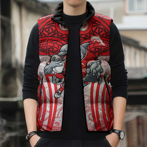 Dolphins Rugby Sleeveless Puffer Jacket Polynesian Tribal Dolphin Warrior Red White Pattern