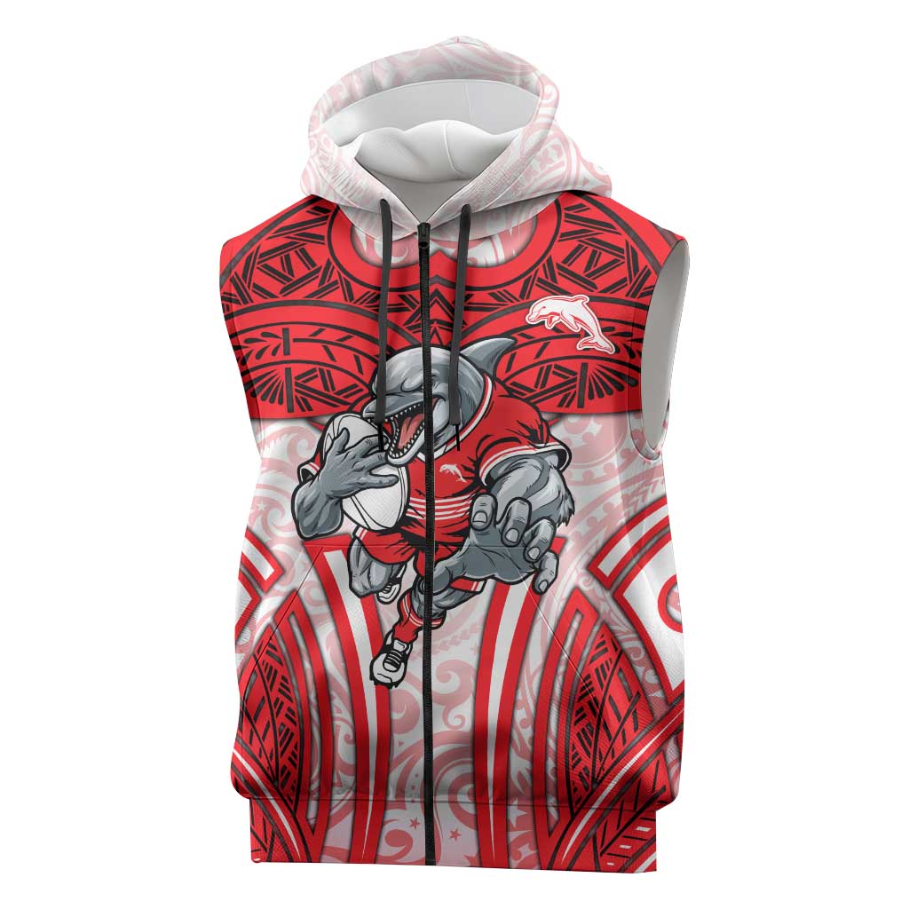 Dolphins Rugby Sleeveless Zip Hoodie Polynesian Tribal Dolphin Warrior Red White Pattern