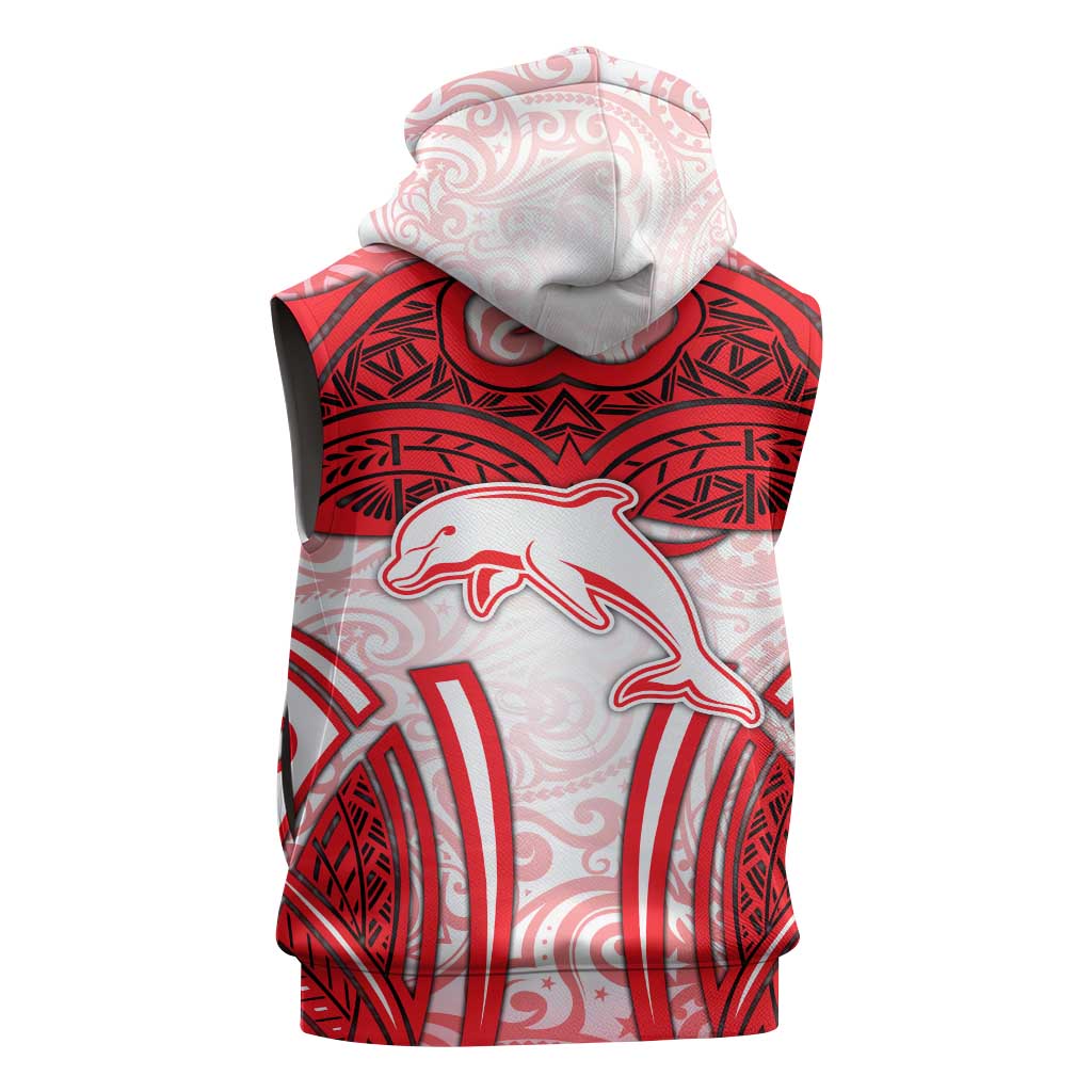 Dolphins Rugby Sleeveless Zip Hoodie Polynesian Tribal Dolphin Warrior Red White Pattern