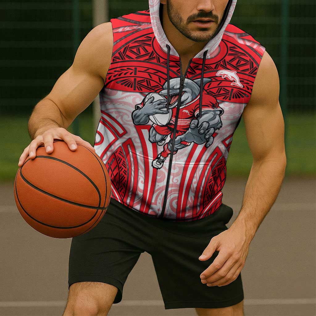 Dolphins Rugby Sleeveless Zip Hoodie Polynesian Tribal Dolphin Warrior Red White Pattern
