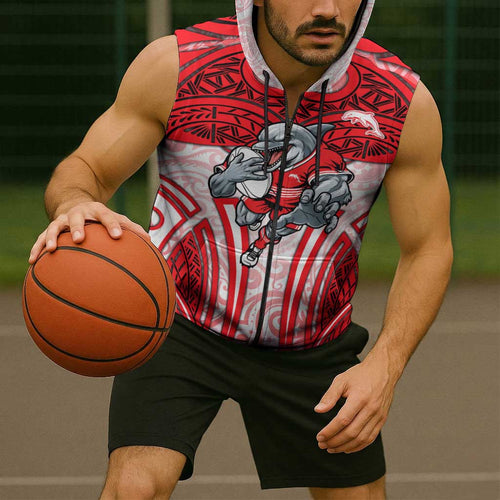 Dolphins Rugby Sleeveless Zip Hoodie Polynesian Tribal Dolphin Warrior Red White Pattern