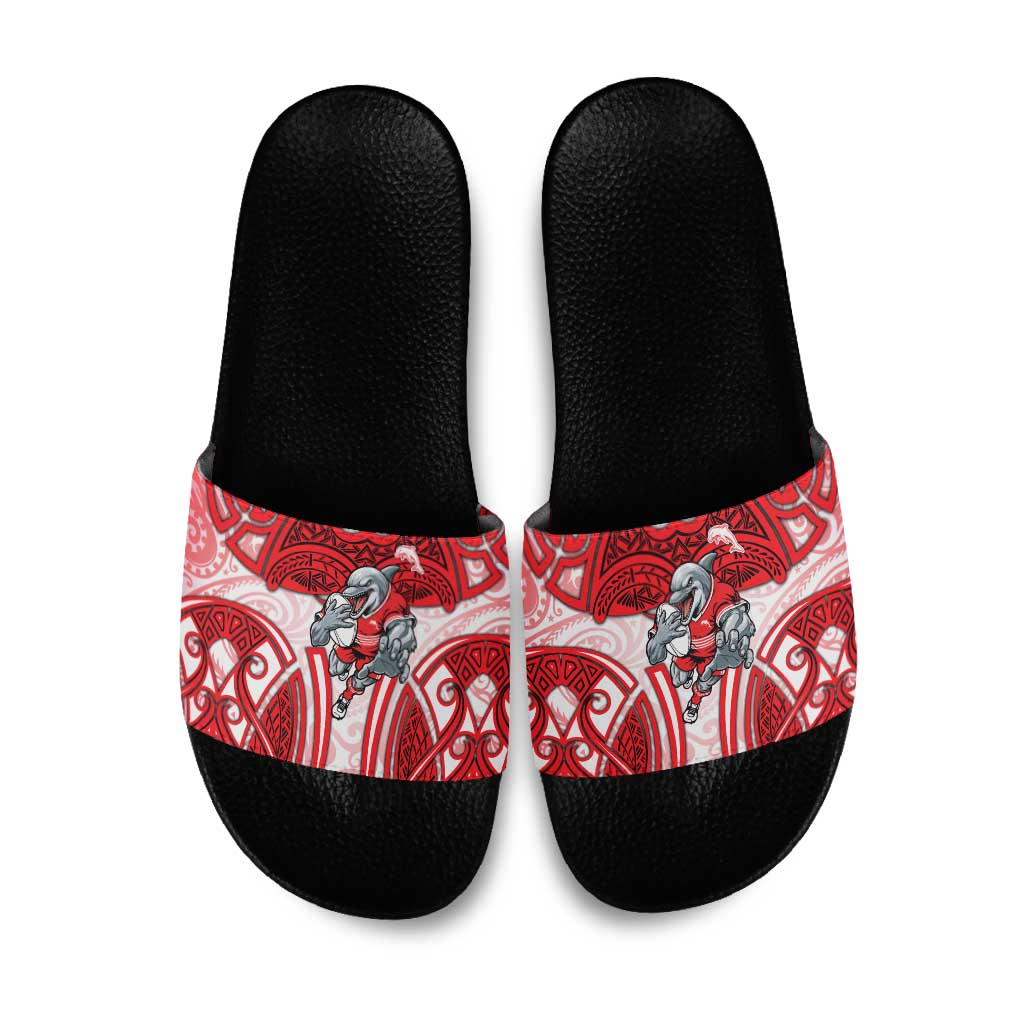 Dolphins Rugby Slide Sandals Polynesian Tribal Dolphin Warrior Red White Pattern