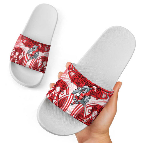 Dolphins Rugby Slide Sandals Polynesian Tribal Dolphin Warrior Red White Pattern