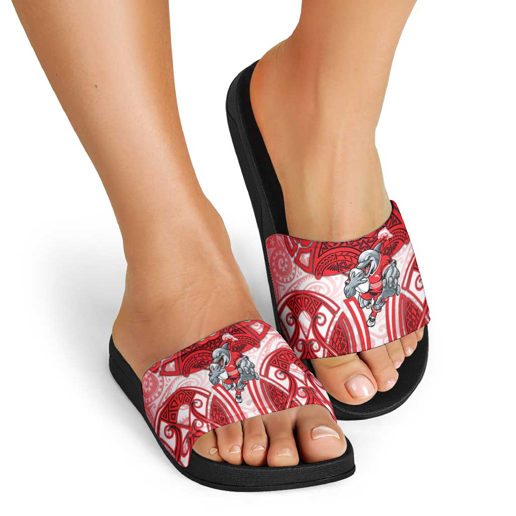 Dolphins Rugby Slide Sandals Polynesian Tribal Dolphin Warrior Red White Pattern