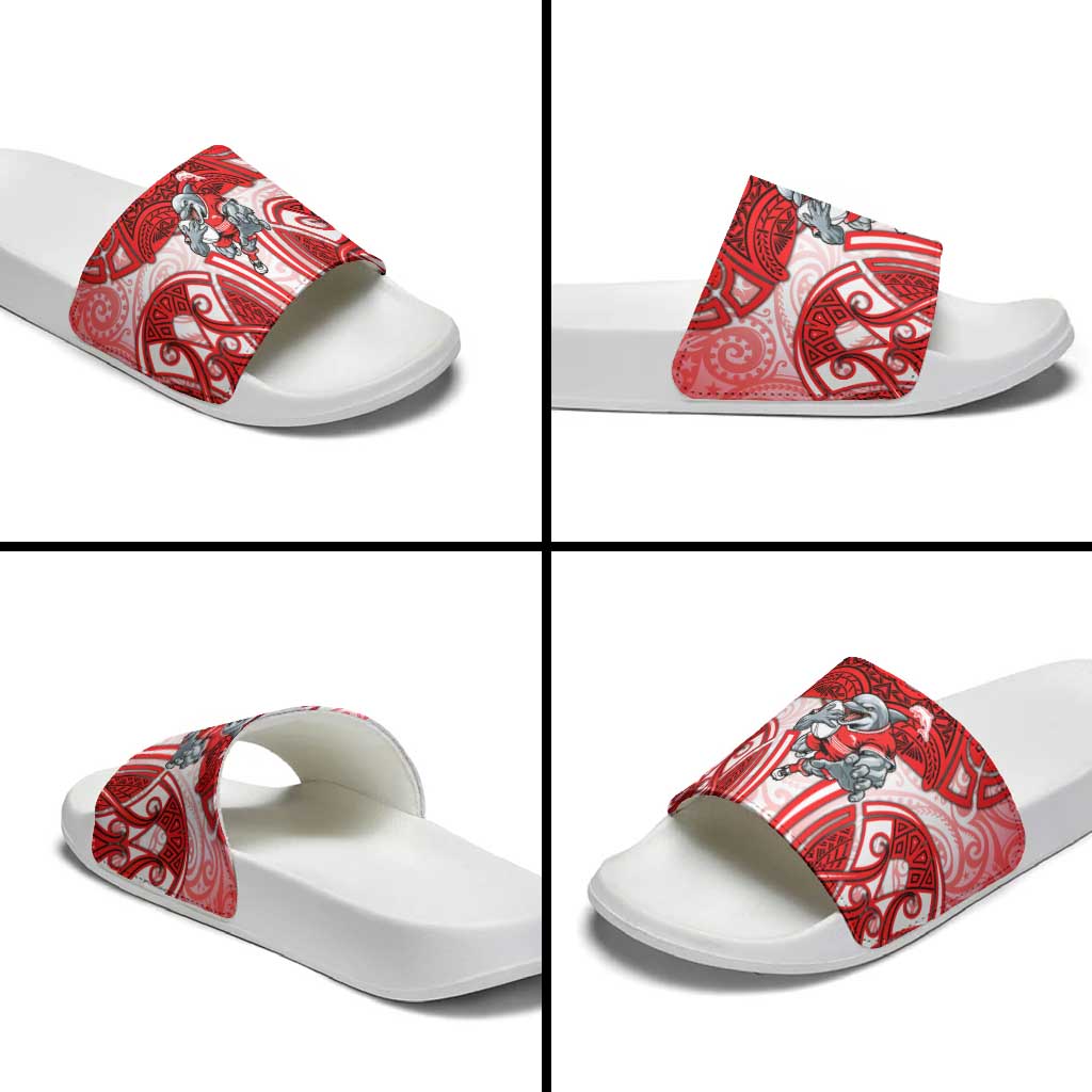 Dolphins Rugby Slide Sandals Polynesian Tribal Dolphin Warrior Red White Pattern