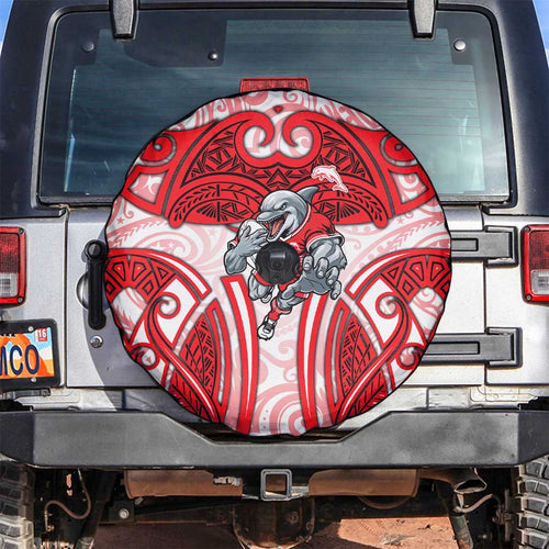 Dolphins Rugby Spare Tire Cover Polynesian Tribal Dolphin Warrior Red White Pattern