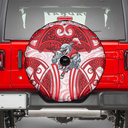 Dolphins Rugby Spare Tire Cover Polynesian Tribal Dolphin Warrior Red White Pattern