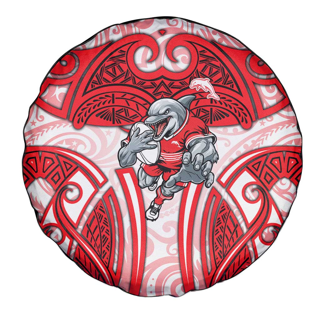 Dolphins Rugby Spare Tire Cover Polynesian Tribal Dolphin Warrior Red White Pattern