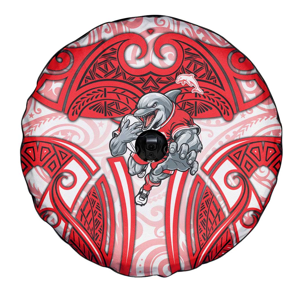 Dolphins Rugby Spare Tire Cover Polynesian Tribal Dolphin Warrior Red White Pattern