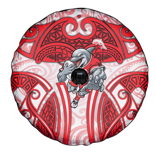 Dolphins Rugby Spare Tire Cover Polynesian Tribal Dolphin Warrior Red White Pattern
