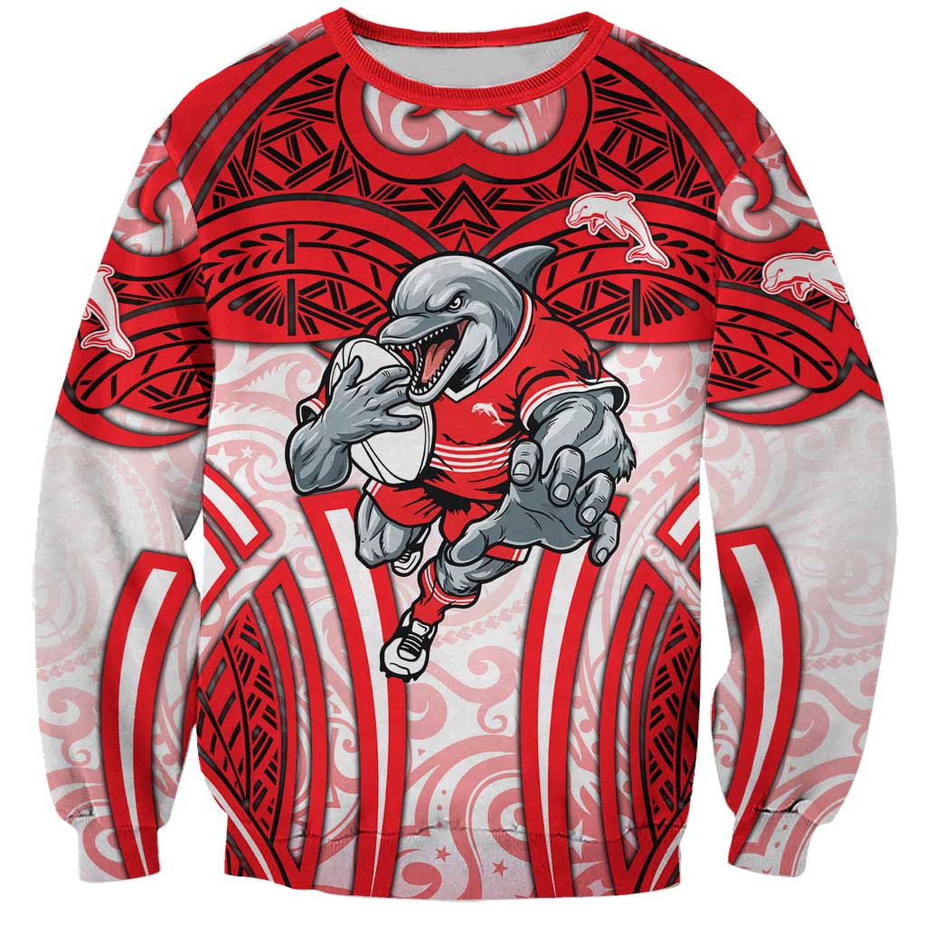 Dolphins Rugby Sweatshirt Polynesian Tribal Dolphin Warrior Red White Pattern