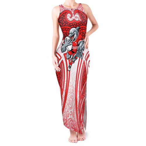 Dolphins Rugby Tank Maxi Dress Polynesian Tribal Dolphin Warrior Red White Pattern