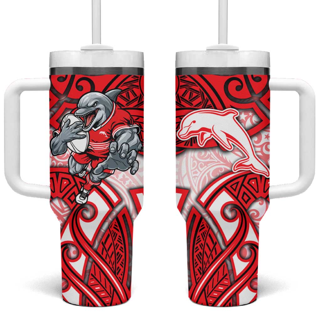 Dolphins Rugby Tumbler With Handle Polynesian Tribal Dolphin Warrior Red White Pattern