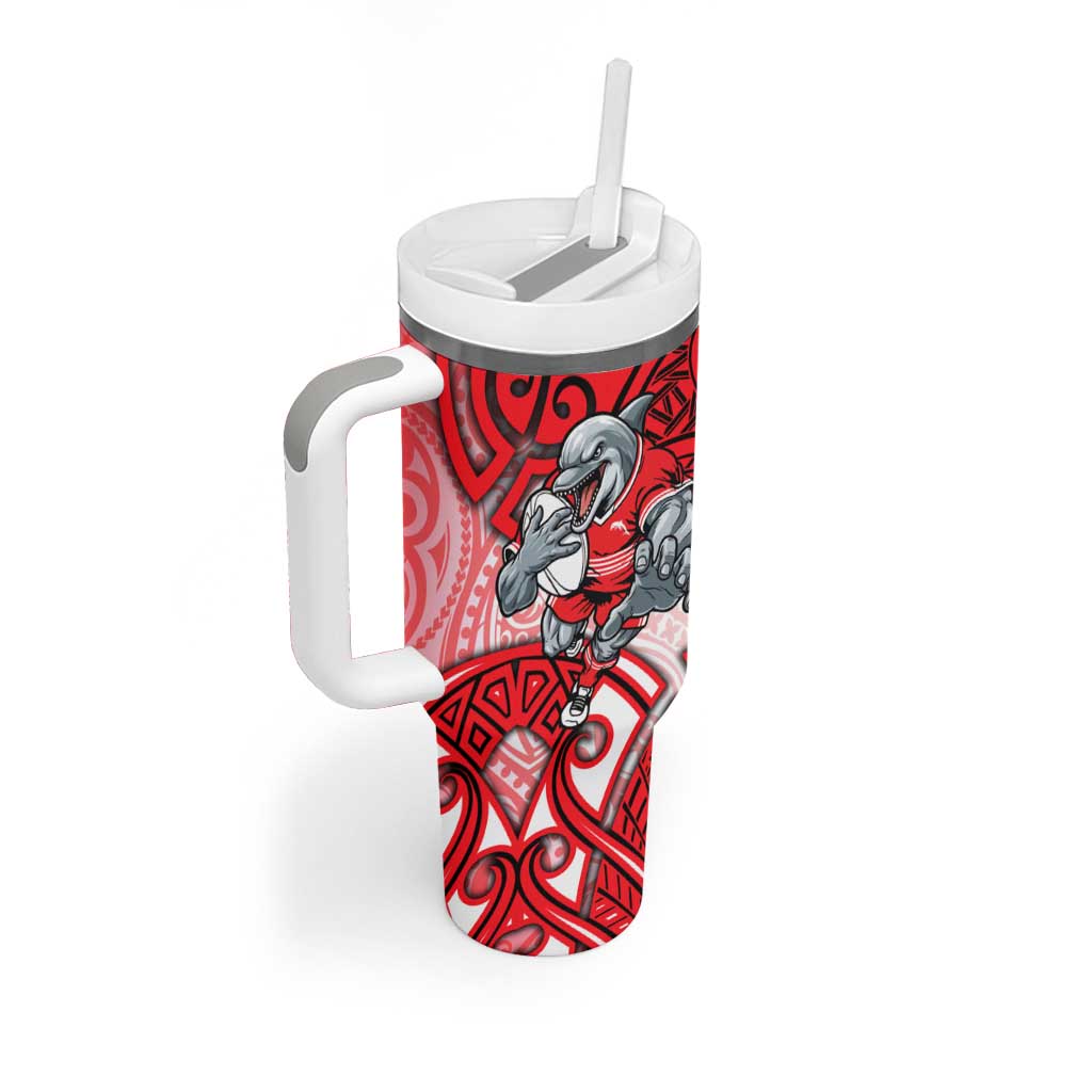 Dolphins Rugby Tumbler With Handle Polynesian Tribal Dolphin Warrior Red White Pattern