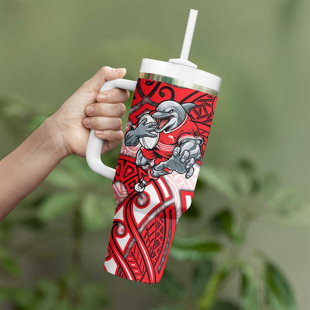 Dolphins Rugby Tumbler With Handle Polynesian Tribal Dolphin Warrior Red White Pattern